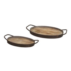 Wood Grain Metal Trays (Set of 2)  14.75", 17"L Wood/Metal