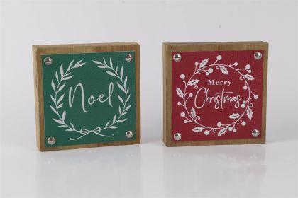 Merry Christmas and Noel Sign (Set of 6) 5"SQ MDF/Faux Leather