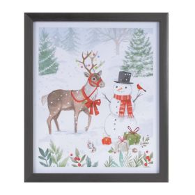 Framed Snowman and Reindeer Print 9"L x 11"H Plastic/Paper