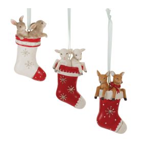 Stocking Ornament w/Animals (Set of 12) 4"H Resin