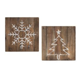 Snowflake and Tree Block (Set of 2) 11.5"SQ Wood