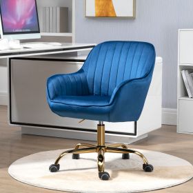 360° Dark Blue Velvet Swivel Rolling Chair With High Back, Adjustable Desk Chair With Golden Color Base