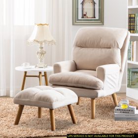 Soft Comfortable 1pc Accent Click Clack Chair with Ottoman Beige Fabric Upholstered Oak Finish Legs Living Room Furniture - as Pic