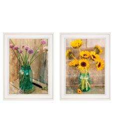 "Country Sunflowers & Chives" 2-Piece Vignette by Anthony Smith, Ready to Hang Framed Print, White Frame - as Pic