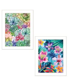 "Succulents Paradise & Tropical Flowers" 2-Piece Vignette by Stellar Design Studio, Ready to Hang Framed Print, White Frame - as Pic