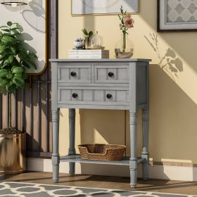 Gray Wash Narrow Console Table, Slim Sofa Table with Three Storage Drawers and Bottom Shelf for Living Room, Easy Assembly