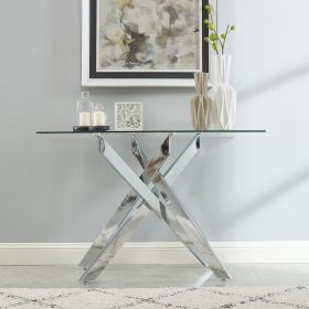 Silver Modern Style Console Table Narrow Sofa Table with Tempered Glass Top and Metal Tubular Legs, 45" Lx18 Wx30 H, Silver