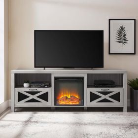 Industrial Farmhouse Metal Mesh Drop-Down X-Door 70" Fireplace TV Stand for 80" TVs - Stone Grey - as Pic