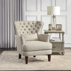 Traditional Living Room Luxury Accent Chair 1pc High Flair-Back Button-Tufted Beige Nailhead-Trim Lumbar Pillow Soldi Wood Furniture - as Pic