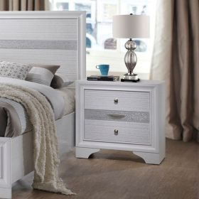 White & Silver Glitter Naima Nightstand Bedside Table with 1 Jewelry Drawer & 2 Storage Drawers