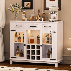 47" Modern Farmhouse Sideboard Buffet Coffee Bar Cabinet Storage Cabinet with LED Charging Station, Wine & Glass Rack,3 Drawers, for Kitchen