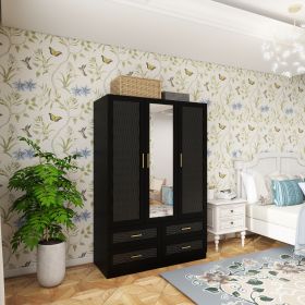 Wooden Armoire Wardrobe Closet with 3 Doors Hanging Rods 4 Drawers Shelves Large Capacity Clothes Storage Cabinet Organization for Bedroom Black 47.24