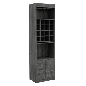 Kava Bar Cabinet, Concealable Serving Tray, Sixteen Built-in Wine Rack, One Shelf, Double Door -Smokey Oak