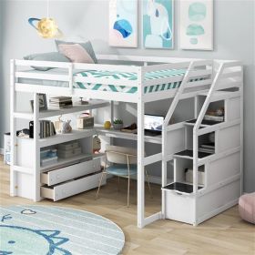 Full Size Loft Bed with Desk and Shelves, Two Built-in Drawers, Storage Staircase, White - as picture