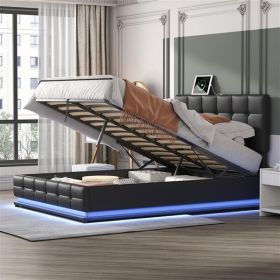 Tufted Upholstered Platform Bed with Hydraulic Storage System,Queen Size PU Storage Bed with LED Lights and USB charger, Black - as picture