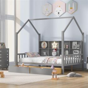 Wooden Full Size House Bed with 2 Drawers,Kids Bed with Storage Shelf, Gray(Expected Arrival Time: 5.15) - as picture