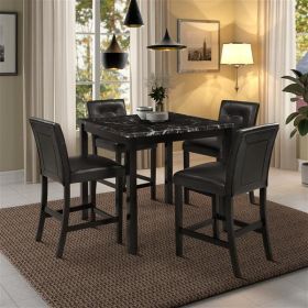 5-Piece Kitchen Table Set Faux Marble Top Counter Height Dining Table Set with 4 PU Leather-Upholstered Chairs, Black - as picture