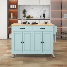 Kitchen Island Cart with 4 Door Cabinet and Two Drawers and 2 Locking Wheels - Solid Wood Top, Adjustable Shelves, Spice & Towel Rack(Mint Green) - as