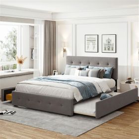 Upholstered Platform Bed with 2 Drawers and 1 Twin XL Trundle, Linen Fabric, Queen Size - Light Gray - as picture