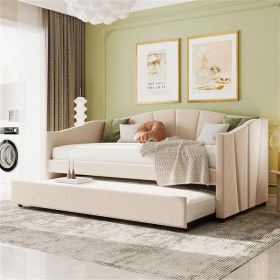 Upholstered Daybed Sofa Bed Twin Size With Trundle Bed and Wood Slat ,Beige - as picture