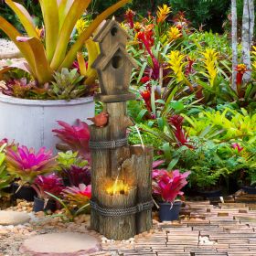 Outsunny Outdoor Fountain with Birdhouse, Cascading Garden Waterfall Bird Bath with 3-Tier Rustic Tree Trunk / Log Design, LED Lights for Porch, Deck