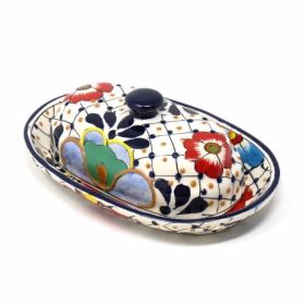 Handmade Pottery Butter Dish, Dots & Flowers - Encantada