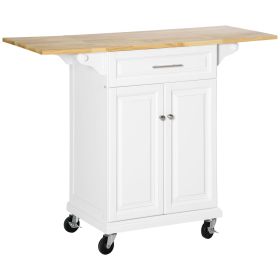 HOMCOM Kitchen Island with Drop Leaf Trolley Cart on Wheels Drawer Cabinet Towel Racks Versatile Use Natural Wood Top and White