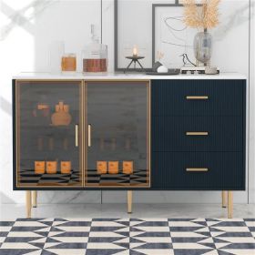 Modern Sideboard MDF Buffet Cabinet Marble Sticker Tabletop and Amber-yellow Tempered Glass Doors with Gold Metal Legs & Handles (Navy Blue) - as pict