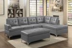 Contemporary Gray Tufted Top 1pc Ottoman Faux Leather Upholstered Solid Wood Frame Living Room Furniture Silver Metal Legs