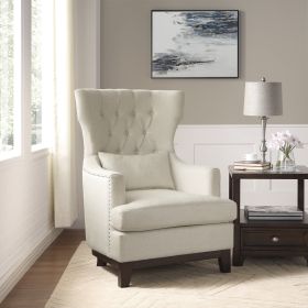 Beige Button Tufted Wing-Back Accent Chair Upholstered Pillow Solid Wood Traditional Living Room Furniture