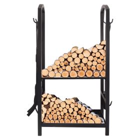 Firewood Rack, Outdoor Log Holder Rack with Fireplace Tools set, Fire Log Holder Wrought Iron Large Wood Stove with Hook, Broom, Shovel, Pliers, Black