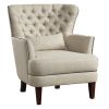 Traditional Living Room Luxury Accent Chair 1pc High Flair-Back Button-Tufted Beige Nailhead-Trim Lumbar Pillow Soldi Wood Furniture - as Pic