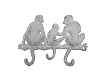 Whitewashed Cast Iron Sitting Monkey Family Decorative Metal Wall Hooks 8"