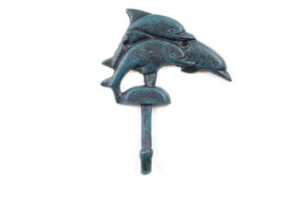 Seaworn Blue Cast Iron Decorative Dolphins Wall Hook 6"