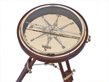 Decorative Wooden Brass Compass Table 23"