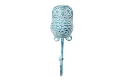 Rustic Dark Blue Whitewashed Cast Iron Decorative Owl Hook 6"