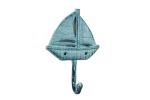 Rustic Dark Blue Whitewashed Cast Iron Sailboat Wall Hook 7"