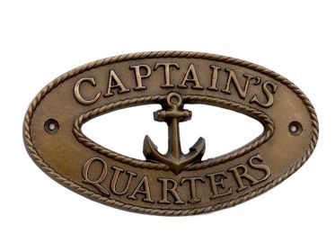 Antique Brass Captains Quarters Oval Sign with Anchor 8"