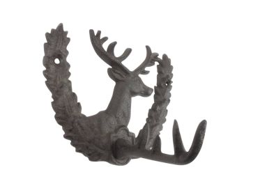 Cast Iron Reindeer with Wreath Decorative Metal Wall Hook 7"