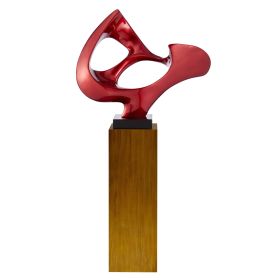 Metallic Red Abstract Mask Floor Sculpture With Stand, 54" Tall (Color: Wood)