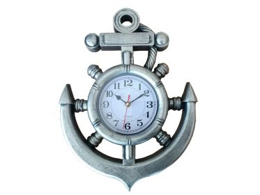 Ship Wheel and Anchor Wall Clock 15" (Finish: Silver)