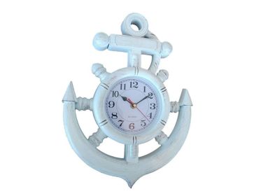 Ship Wheel and Anchor Wall Clock 15" (Finish: Whitewashed)