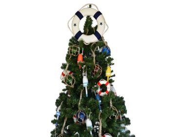 Lifering Christmas Tree Topper Decoration (Color: White / Blue Bands)