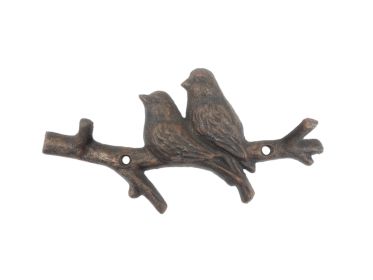 Cast Iron Birds on Branch Decorative Metal Wall Hooks 8" (Finish: Rustic Copper)