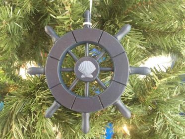 Decorative Ship Wheel With Seashell Christmas Tree Ornament (Color: Dark Blue)