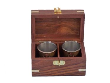 Anchor Shot Glasses With Rosewood Box 4" - Set of 2 (Finish: Antique Brass)