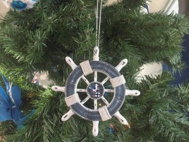 Decorative Ship Wheel With Seagull Christmas Tree Ornament (Color: Dark Blue & White)