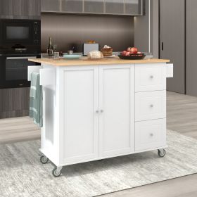 Rolling Mobile Kitchen Island with Solid Wood Top and Locking Wheels,52.7 Inch Width,Storage Cabinet and Drop Leaf Breakfast Bar,Spice Rack (Color: as Pic)