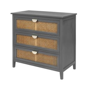 3-Drawer Natural Rattan Cabinet with Metal Handles ��������� American Furniture for Bedroom, Living Room, Study (Color: Gray)