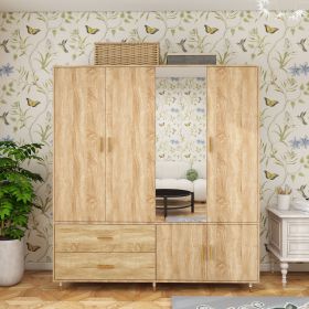 Wood Armoire Wardrobe Closet Bedroom Armoire Organization with 4 Doors, 2 Hanging Rods, 2 Drawers (Color: YG-56)